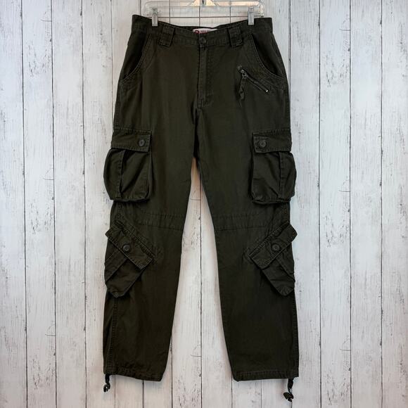 VTG Y2K Lu Dao Jing Ying Army Green Canvas Tie-Hem Utility Cargo Pants Large - Picture 1 of 16